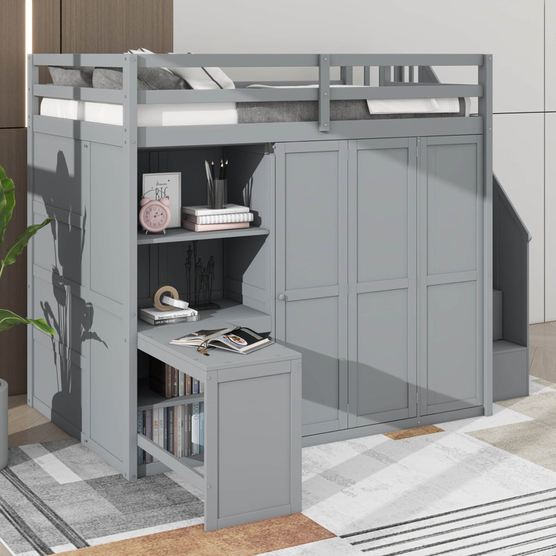 Full-Size Bed Integrating A Built-In Closet, Desk, And Shelving Unit, Gray