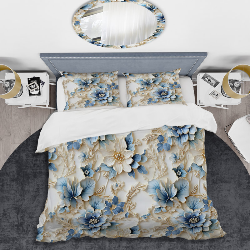 White And Blue Damask Facade Splendor - Ensemble de housse de couette à motif floral