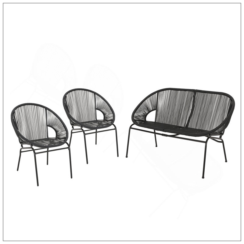 Ensemble de conversation d'extérieur en métal 3 pièces, osier noir, 2 chaises club et causeuse 1 pièce, Noir