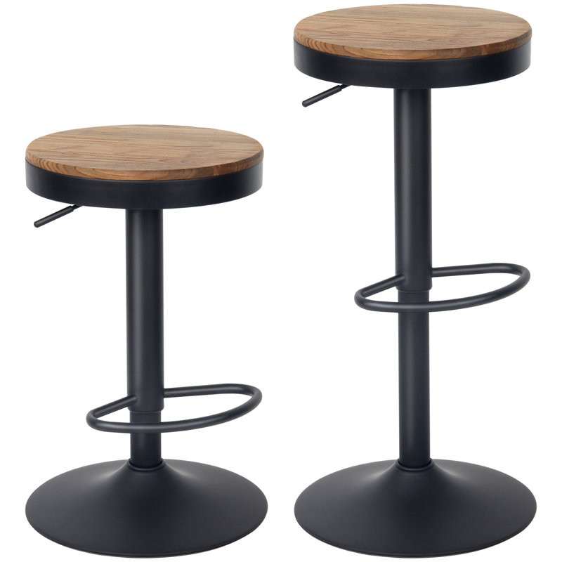 Swivel Solid Wood Bar Stools, Adjustable Height Backless Counter Stools for Kitchen Island, Industrial Rustic Stool Set with Footrest
