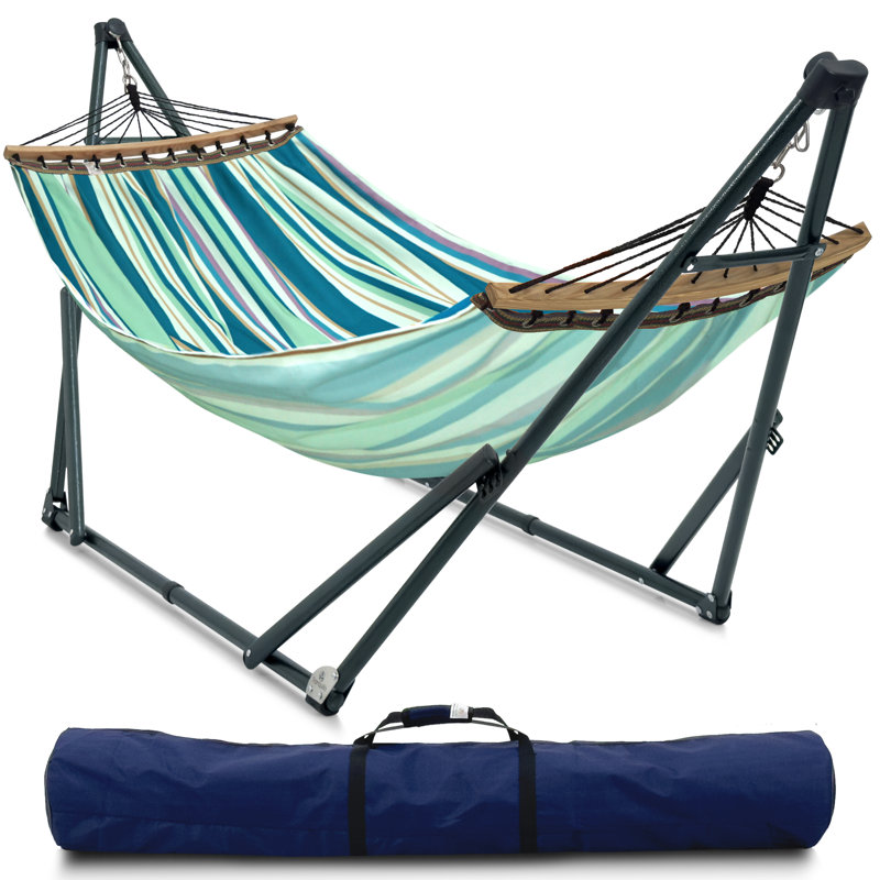 Support universel pour hamac - acier - cadre vert - toile - feuille bleue, Noir, Feuille bleue
