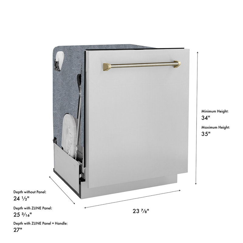 ZLINE Autograph 24 in. Auto Door Open 3rd Rack Dishwasher, 44dBa, Steel Panel & Gold Helix Handle, Gold