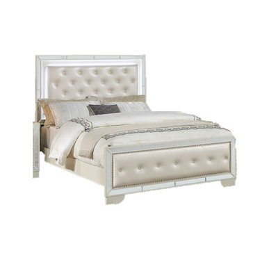 Grand lit crème capitonné ivoire touffeté en similicuir avec lumières DEL et cadre de lit à panneau 1Pc