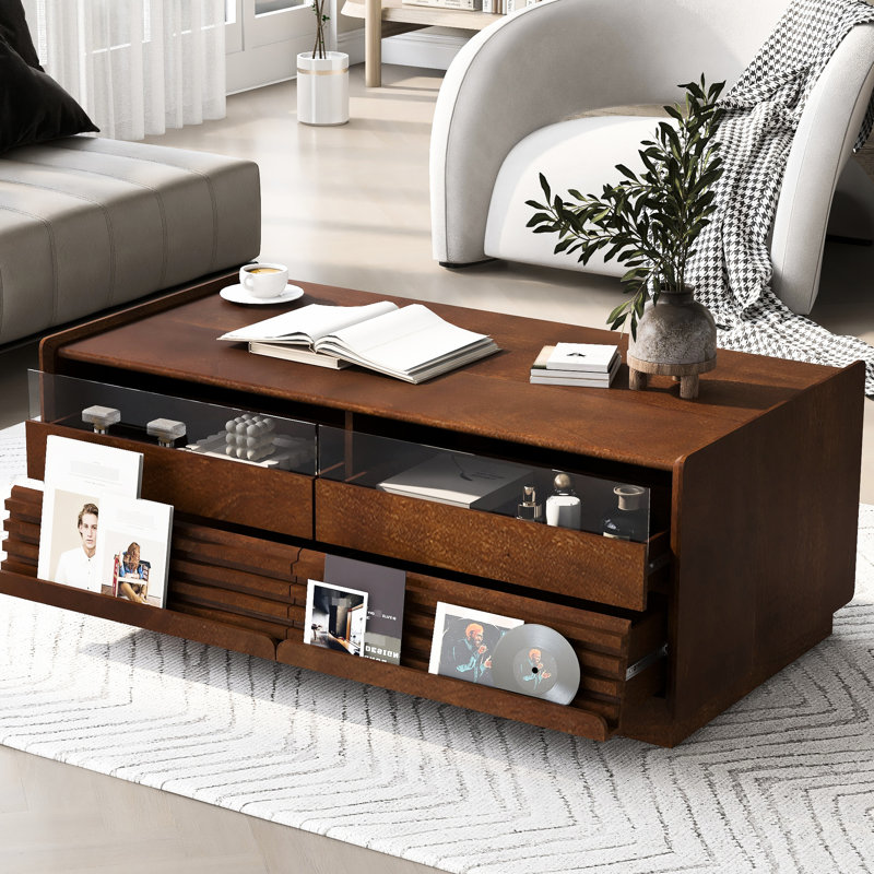 Table basse rectangulaire de style rétro de 47,2 po avec 4 tiroirs, 2 tablettes, des détails rainurés et une configuration polyvalente pour la salle à manger