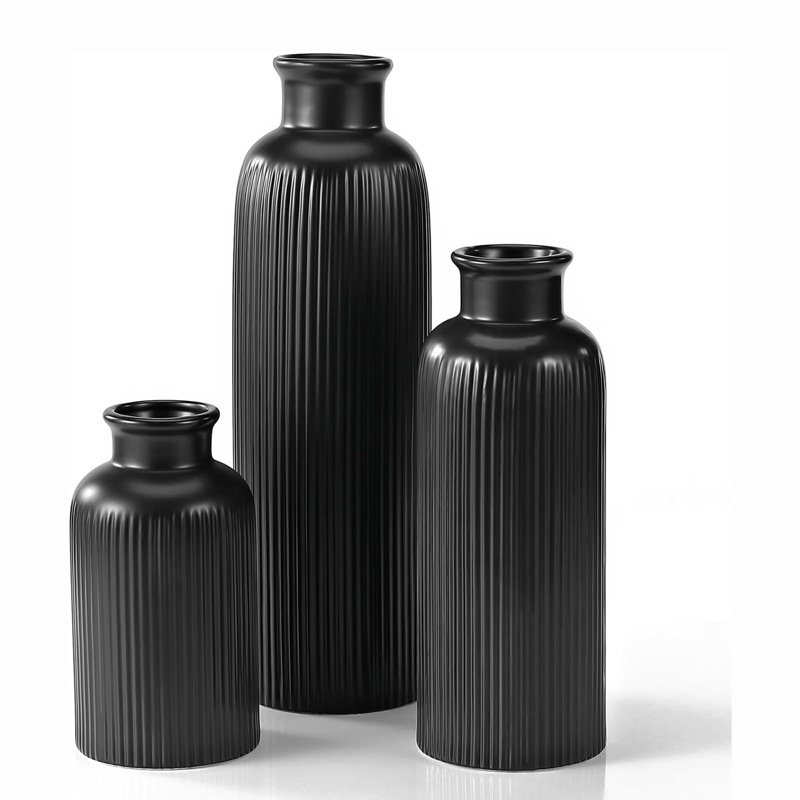 Black Ceramic Vase Set Of 3, Boho Modern Black Flower Vase Room Decor, Farmhouse Decor, Vases For Your Kitchen, Bathroom, Bedroom, Living Room, Office And Shelf Centerpiece Table Decorations