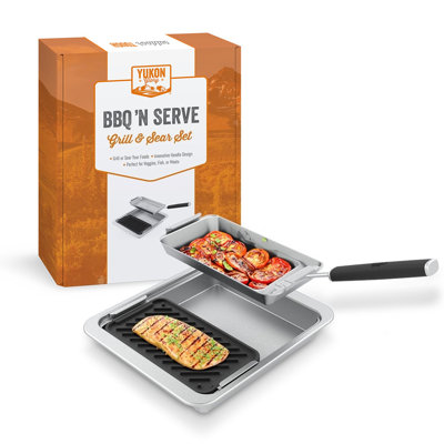 Yukon Glory cast iron and stainless grill set with serving station and clip-on handle, pre-seasoned