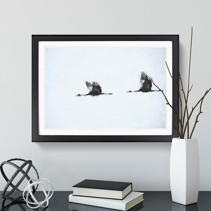 Flying Crane Birds - Framed Print, 27cm H x 36cm W x 2cm D, Black Framed