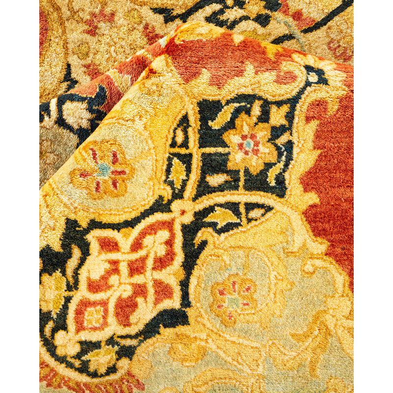 Tapis orange / jaune en laine noué à la main de conception unique 8 pi 3 po x 10 pi 3 po Ohlone