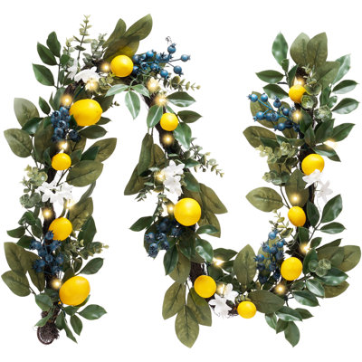 Valery Madelyn Summer Lemon Garland for Mantle with Lights, 6FT Spring Fake Fruit Eucalyptus Garland for Stairs, Artificial Thick Faux Greenery Vine for Farmhouse Home Kitchen Table Centerpiece