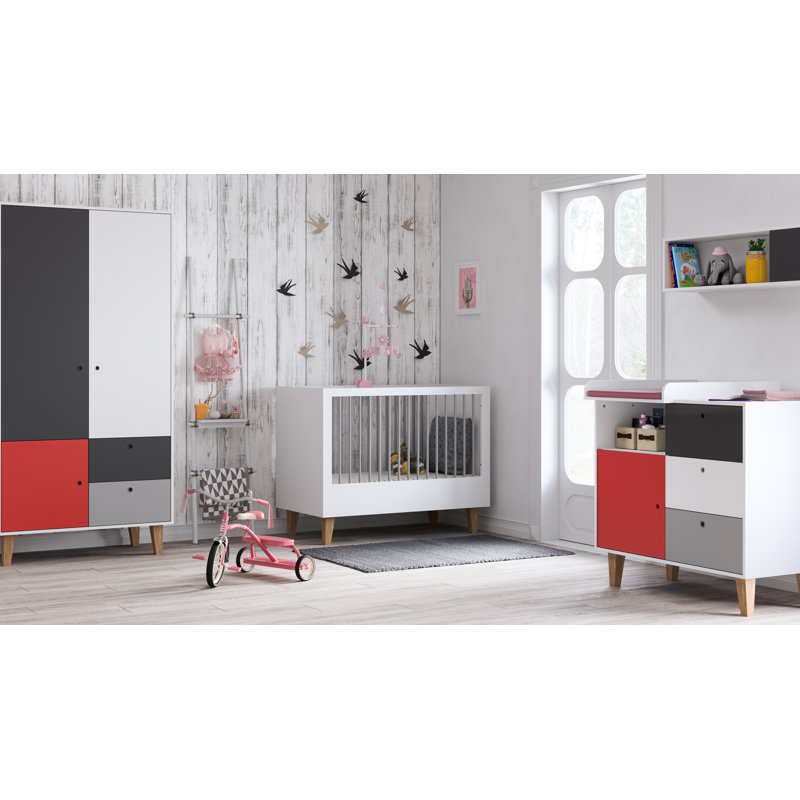 Aleana Solid Wood 103.5cm W 3 - Drawer Chest of Drawers, White/Grey/Dark Grey/Red