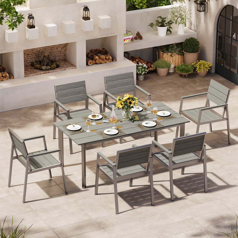 Ensemble de salle à manger d'extérieur en aluminium pour 6 personnes avec table rectangulaire en polystyrène expansé de 170 cm et chaises en textilène