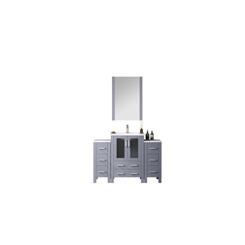 Meuble-lavabo simple l 48 po x P 18,25 po avec armoires latérales, plateau en céramique blanche et miroir 22 po Volez