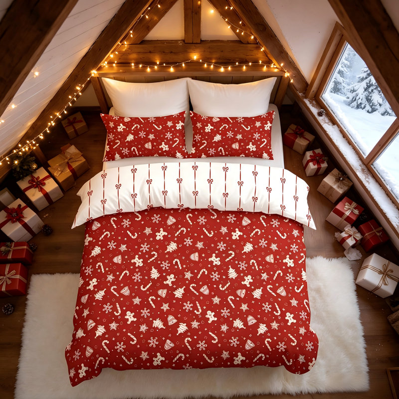 Ensemble de literie de Noël réversible avec couette, nœud papillon rouge et motif flocons de neige et sapin de Noël en microfibre douce pour le Nouvel An