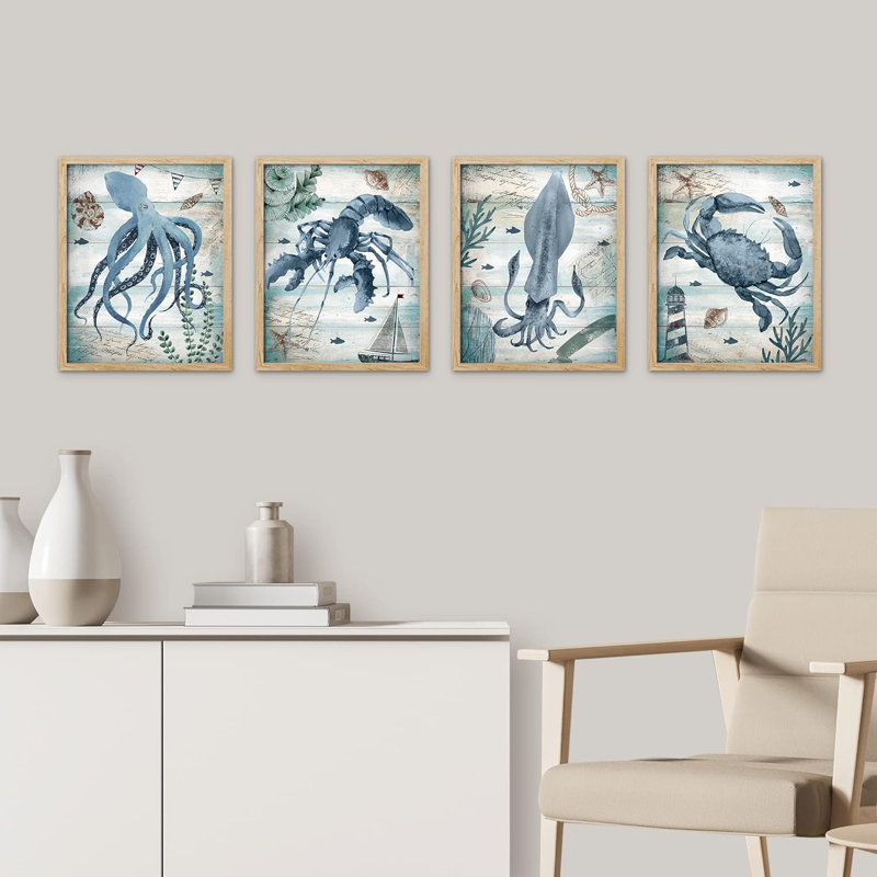 Nautique bloc de bois bleu pieuvre homard, crabe, calmar, ensemble de 4 animaux, impression murale encadrée sur papier, impression de 4 pièces