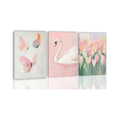 Framed Pink Impressionist Canvas Wall Art Set Of 3, Butterfly & Swan Tulip Floral Prints, Minimalist Wall Decor Bedroom, Nursery & Living Room (12×18Instretched Canvas On A Wooden Frame)