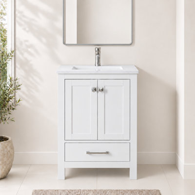 Ensemble de meuble-lavabo autoportant 24 po Amandie blanc mat avec plateau en quartz blanc