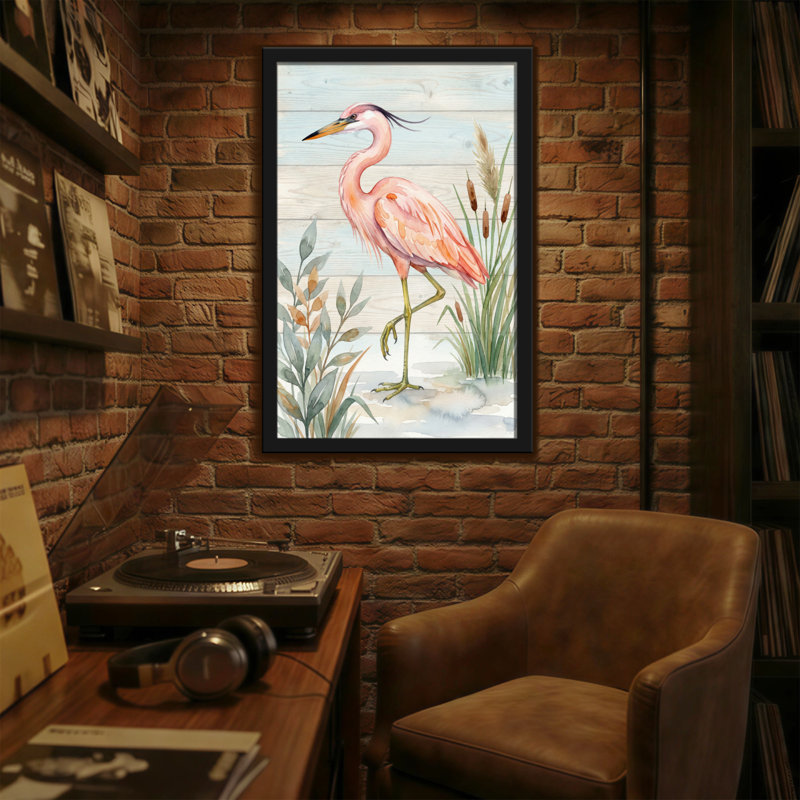 Animals Pink Heron Standing In Marsh With Reeds, 18" H x 12" W