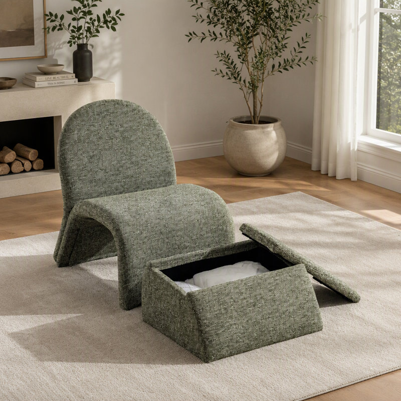 24.8" Wide Modern Armless Chenille Accent Chair with Storage Ottoman for Living Room, Green