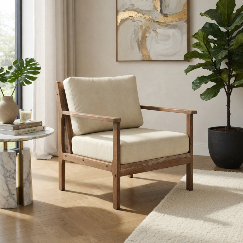  Chaise d'appoint moderne avec accoudoirs en bois d'hévéa massif, siège rembourré en lin de coton, chaise de salon facile à assembler, beige