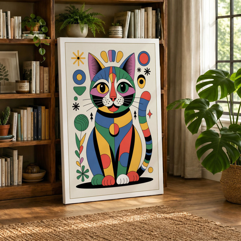 Geometric Feline Folk Retro 1 Piece Wrapped Canvas Wall Art, 30x20 - 76.2 x 50.8 cm, Sage Border