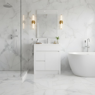 Koyuki 30 po L x 18 po P 1 porte et 2 tiroirs Meuble-lavabo autoportant avec évier simple et Comptoir en Céramique blanc
