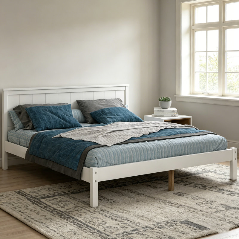 Élégante base de lit plateforme pleine grandeur avec tête de lit, support en lattes de bois, aucun sommier requis, finition blanche