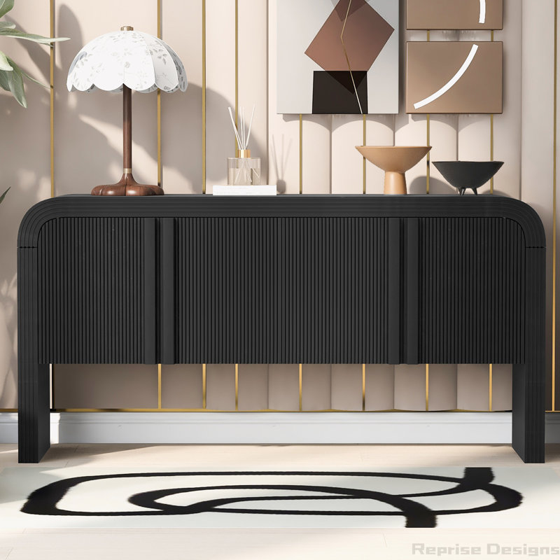 Buffet long cannelé à 4 portes 62,23 po Novay, Noir, noir, noir, noir
