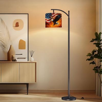 Arc Floor Lamp with Adjustable Lampshade Bald Eagle Rising Flames American Flag Patriotic Memorial Day Standing Lamp 3 Color Temperatures Dimmable Tall Pole Lamp with Foot Switch for Bedroom