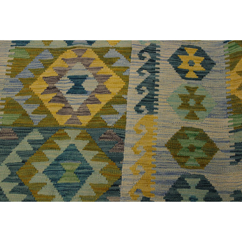 Tapis géométrique vert / jaune / gris en laine fabriqué à la main 5 pi 3 po x 6 pi 8 po Madee