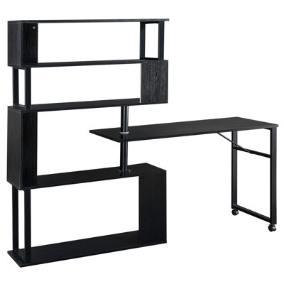 L-shaped Computer Desk With 5 Book Shelf, Rotatable, Construction, Black Home Office Bookcase, & Metal, Black, Rotating Function, Lockable , Space Saving Mixture