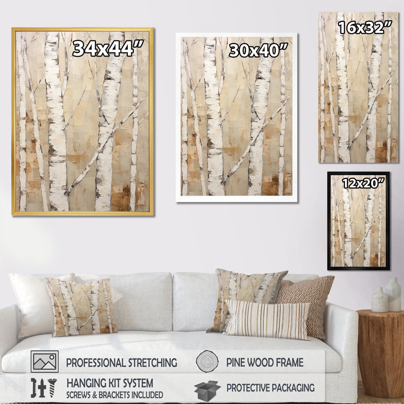 Beige minimalisme arbre bouleau IV sur toile, H 44 po x l 34 po x P 1,5 po, Cadre simple blanc
