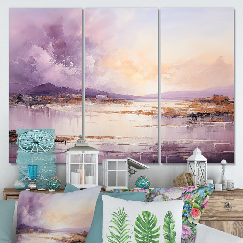 Mauve et or, lac et montagne II - art mural lac, H 28 po x l 36 po x P 1 po, Toile tendue