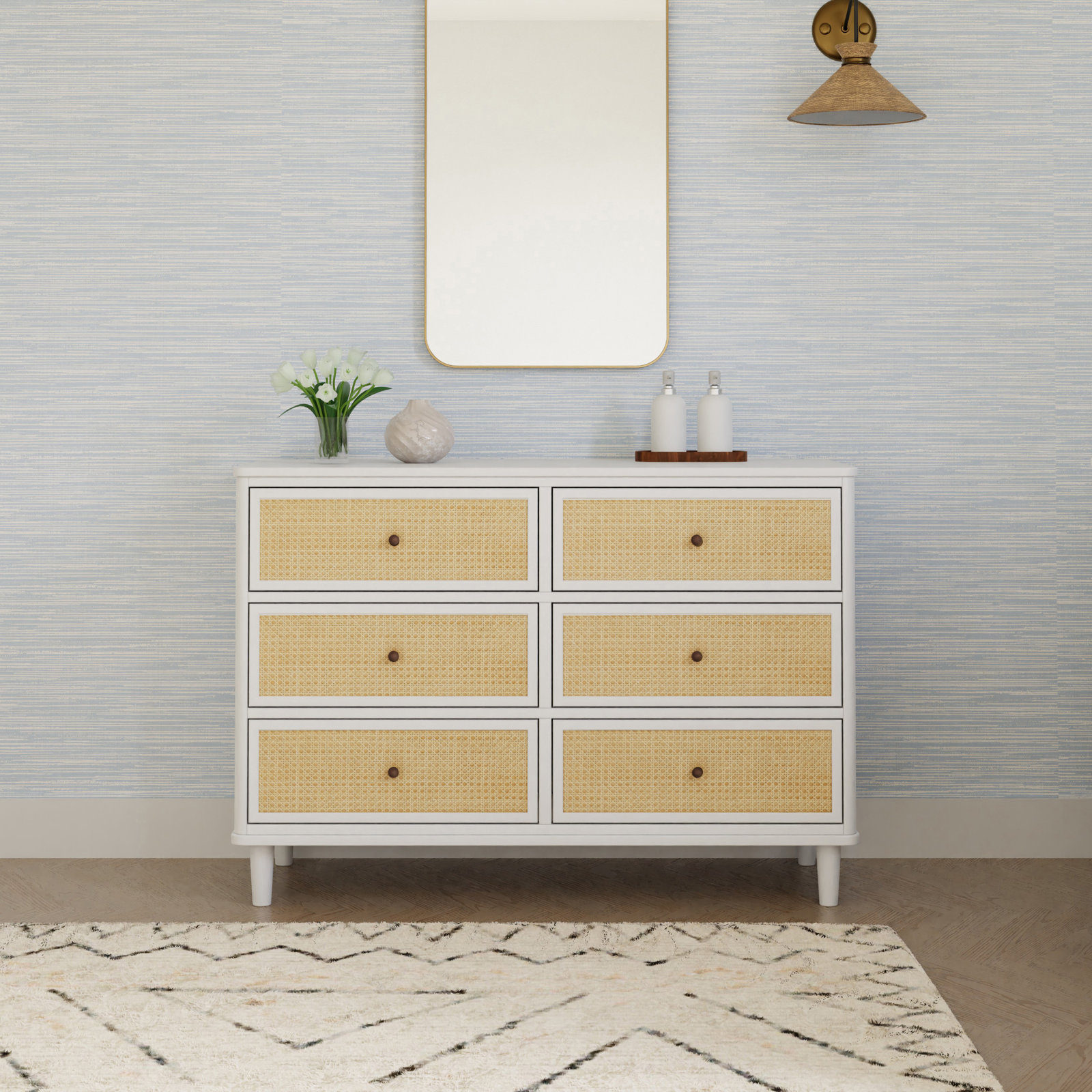 Marin 6 Drawer 19.49" W Dresser, Warm White/ Honey Cane