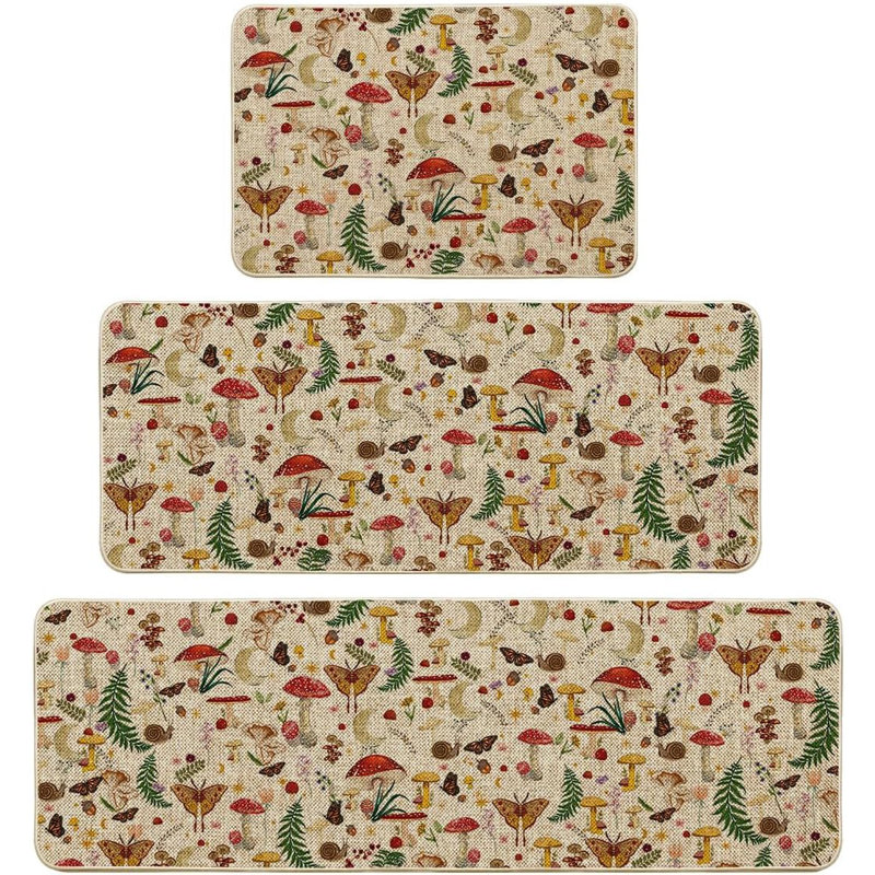Spring Mushroom Butterfly Non-Slip Kitchen Floor Mats - Set of 3