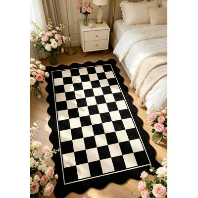 Scalloped Checkerboard Rug Outdoor Rug Easy Jute Area Rugs for Living Room Washable Front Door Mat Farmhouse Non Slip Carpet for Patio Backyard 
