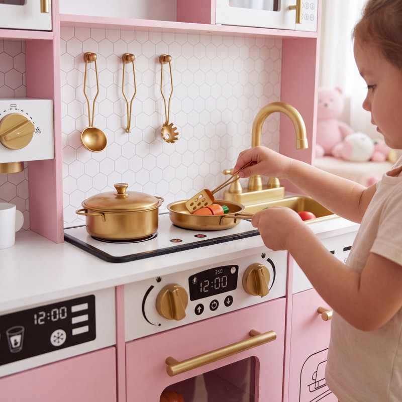 Cuisine en bois pour enfants avec lumières et sons, cuisine de jeu d'imitation avec accessoires pour les tout-petits de 3 à 8 ans