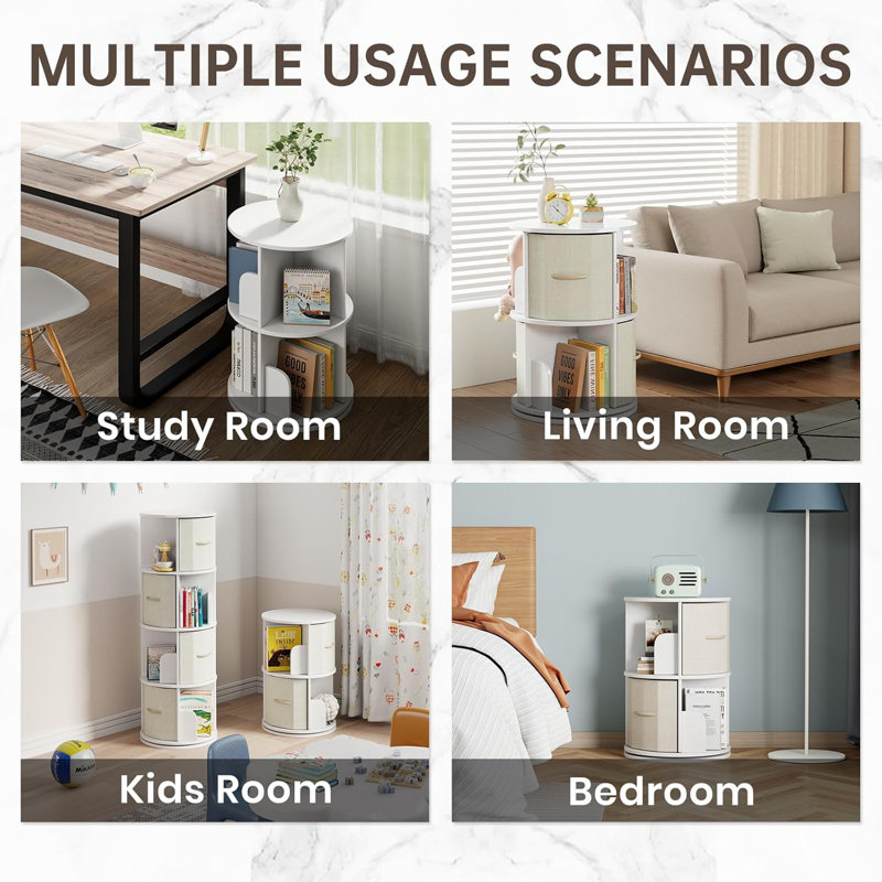 Rotating Bookshelf - Solid Wood Rotating Bookshelf Tower With 2 Drawers, 2 Tier Small Bookshelf, 360 Display Spinning Bookshelf, Round Corner Book Shelf For Small Space, Bedroom, Living Room
