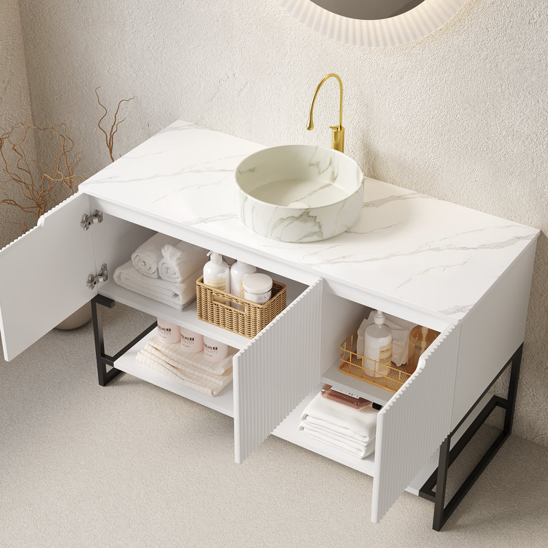 Meuble-lavabo moderne avec rangement, lavabo en céramique durable et plateau blanc de Carrare, conception autoportante