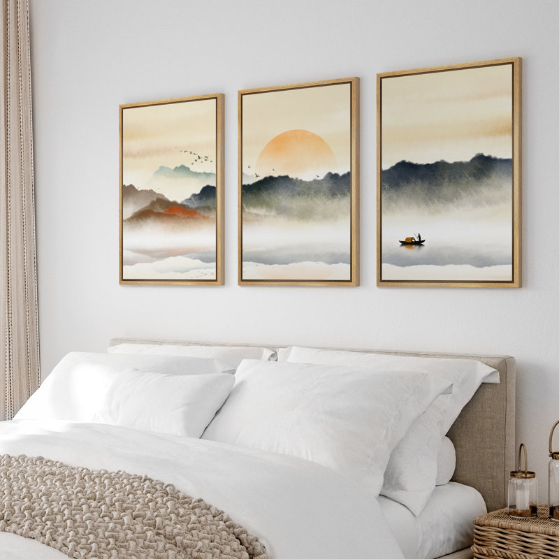 «Abstract Landscape Rising Sun Misty Ocean Mountain», peinture sur toile 3 pièces, H 24 po x l 48 po, Cadre naturel flottant