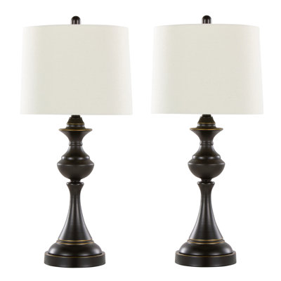 Lampe de table contemporaine 29 po en métal bronze huilé avec abat-jour en lin blanc cassé - ensemble de 2