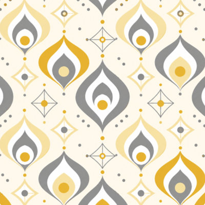 Peel and Stick Wallpaper Mid century retro seamless repeating groovy saucer yellow cream grey Contact Paper Removable Self Adhesive Wall Mural Wall Decor for Bedroom Kitchen Cabinets 17.7in x 118in