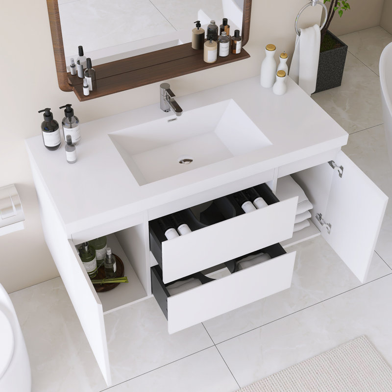 Meuble-lavabo mural simple 48 po avec plateau en résine intégré blanc, Blanc, 48"