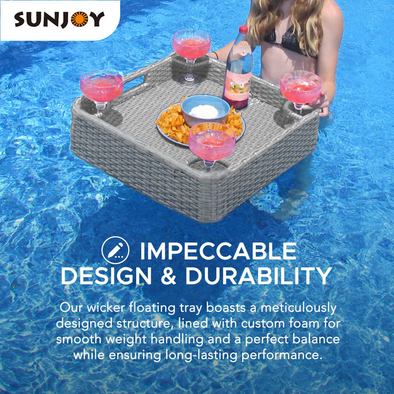 Sunjoy Wicker Floating Tray 24x24 inch  Aluminum Frame Pool Tray Swimming Floating Serving Tray for Drinks, Snacks, and Essentials