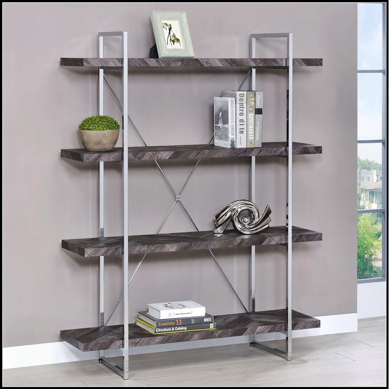 Bibliothèque rustique à chevrons gris avec tablettes pleine longueur pour beaucoup de rangement et de présentation