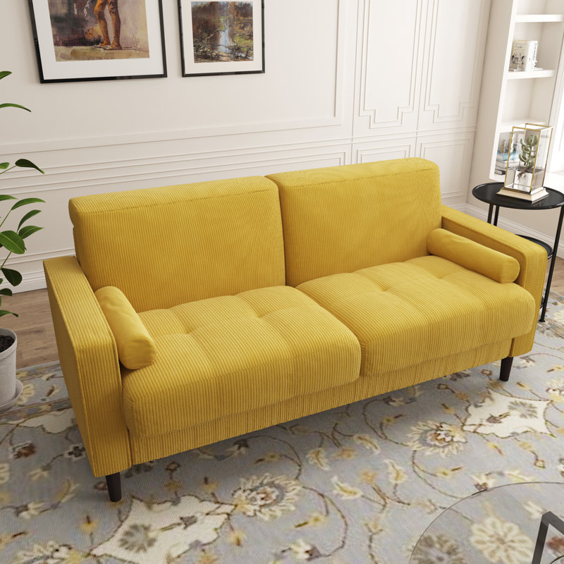 Causeuse à accoudoirs carrés 62,7 po Carmelinda, Velours côtelé jaune