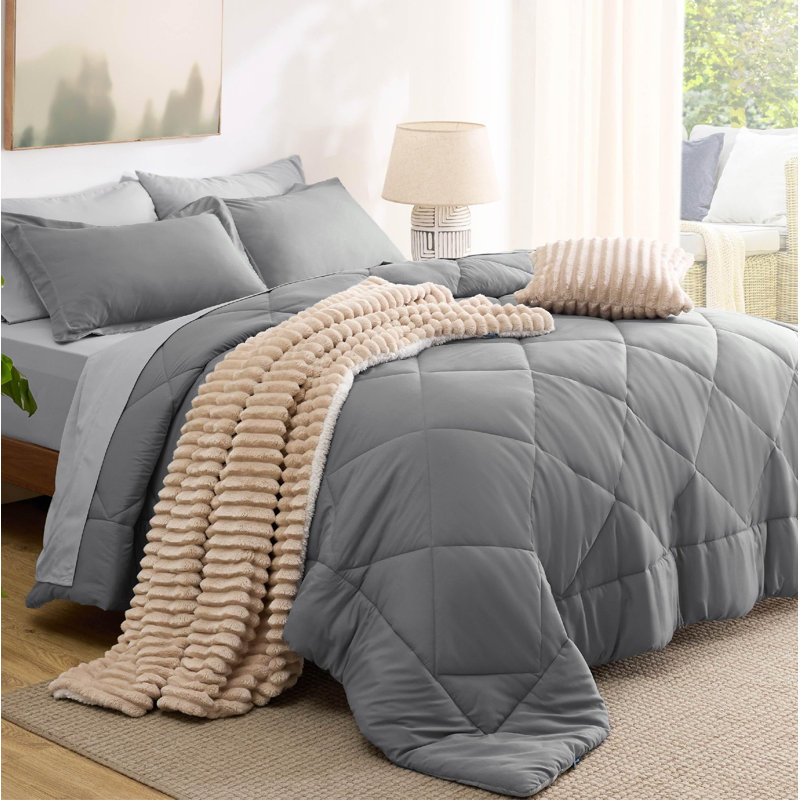Bedsure Comforter Set Reversible Bedding for All Seasons, Grey, Full Comforter + 6 Additional Pieces