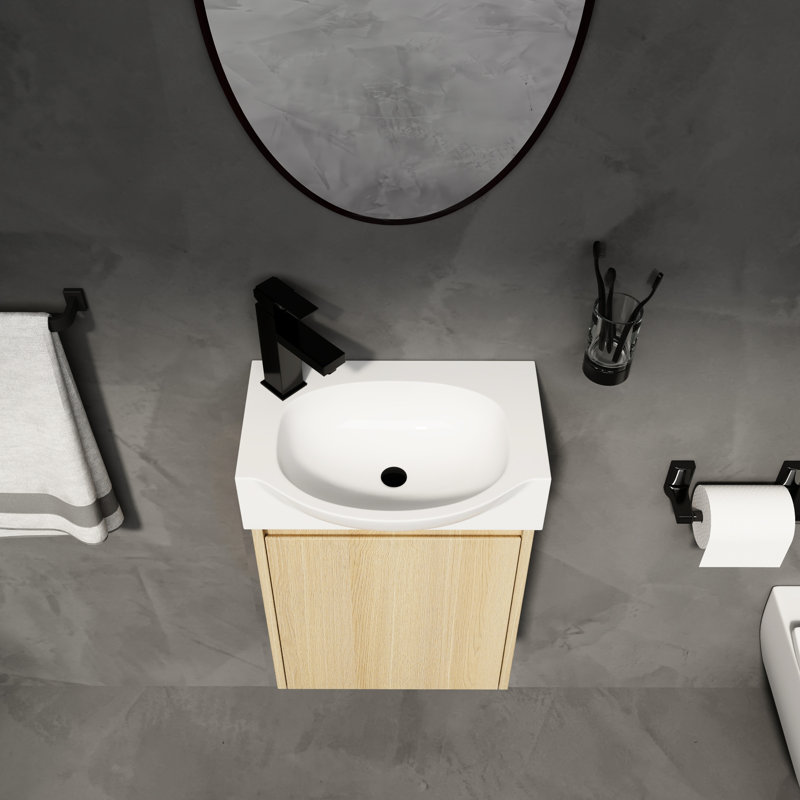 Petit meuble-lavabo de salle de bain de 16 po, armoire en chêne moderne avec lavabo en céramique, et élégant pour la salle de bain, lavabo compact avec rangement simple, conception facile à assembler