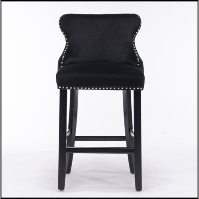 Tabourets de bar contemporains rembourrés en velours à oreilles avec décoration capitonnée à boutons et pieds en bois, garniture cloutée chromée, chaises de bar style loisirs, tabourets de bar, ensemble de 2