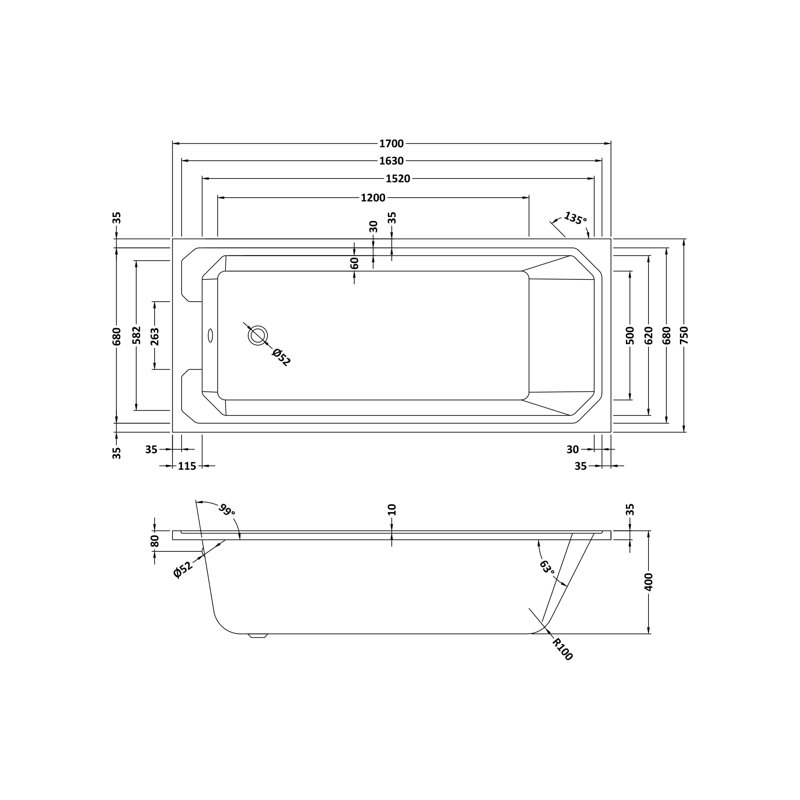 Ascott 1700mm x 750mm Mounting / Installation Required Soaking Acrylic Bathtub