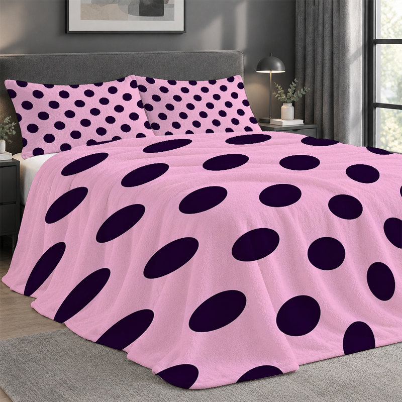 Premium Flannel Lightweight Blanket & 2 Pillow Shams Set with Black Polka Dots on Pink Geometric Ground, Ultra-Soft & Warm Cozy Bedding Set for All-Season, 60" x 80" Blanket + 2 Pillowcases Anti-Pilling & Machine Washable(Set of 3)